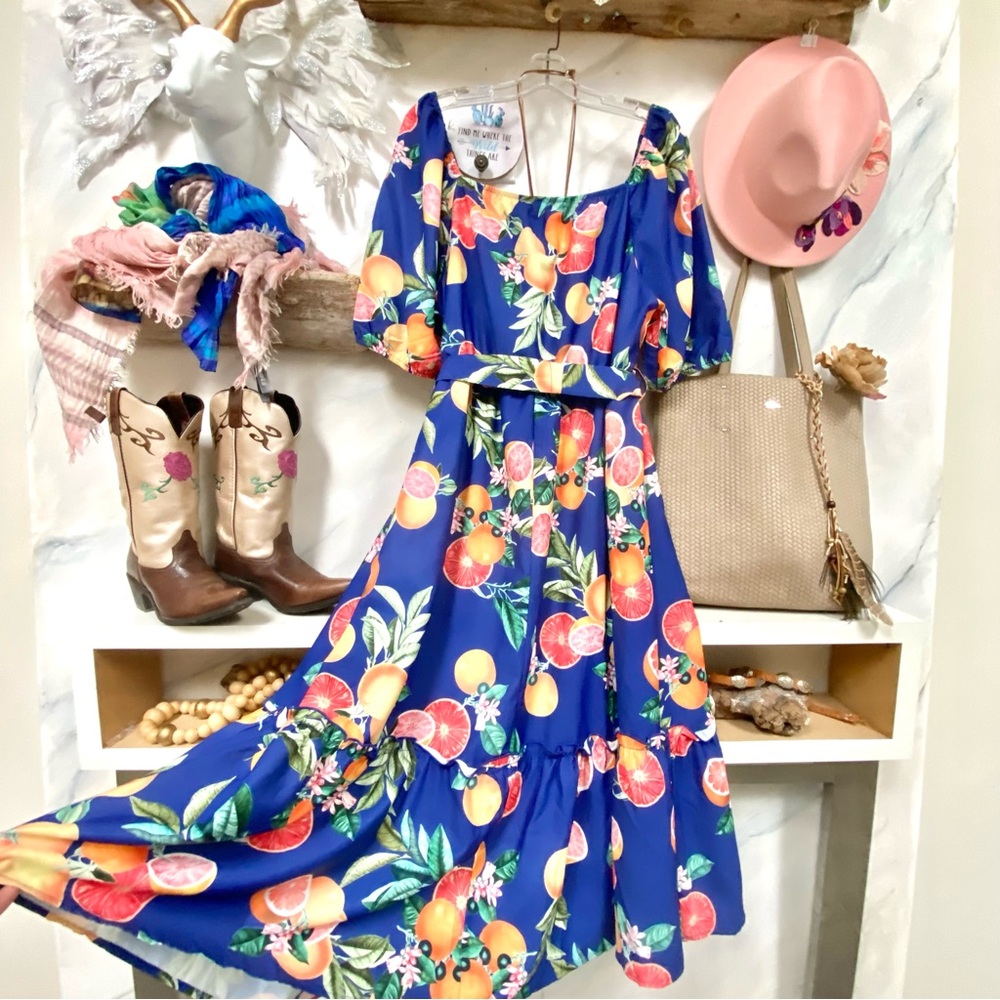 BloomChic Blue Floral Citrus Midi Dress - Picture 14 of 14